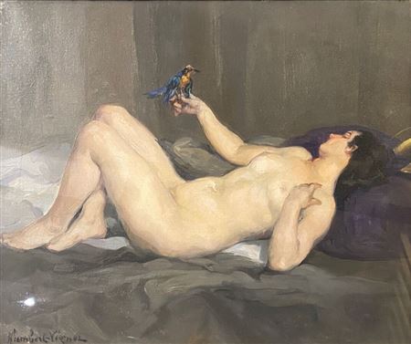 Leonie Humbert-Vignot : Reclining nude holding a bird.