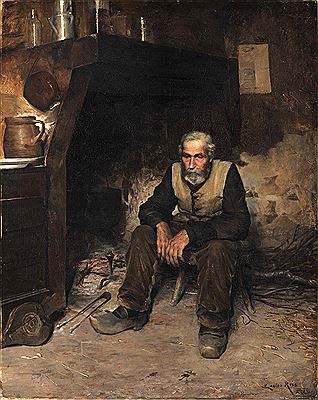 Carlos Reis : A domestic scene - man sitting by the fireplace