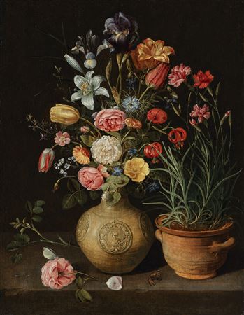 Clara Peeters : Roses, lilies, an iris and other flowers in an earthenware vase, with a pot of carnations and a butterfly on a ledge