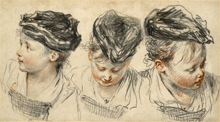 Antoine Watteau : Three head studies of a girl wearing a hat