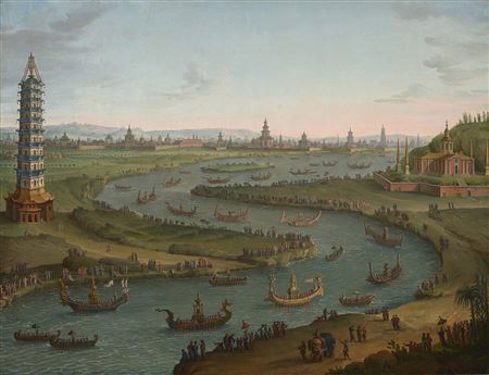 Antonio Joli : A capriccio with the French Ambassador approaching the King of Siam’s Palace in a state barge, in October 1685, featuring the White Porcelain Pagoda, from Nanjing, China, on the left