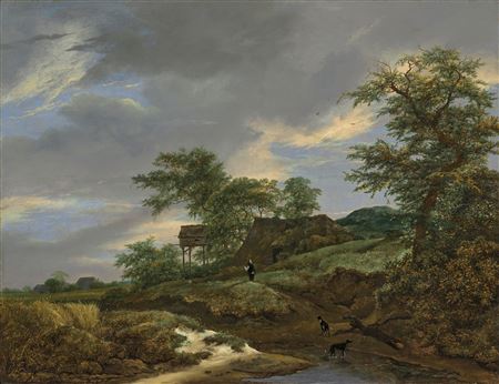 Jacob Isaacksz van Ruisdael : A wooded landscape with a man and two dogs on a path, a cottage beyond