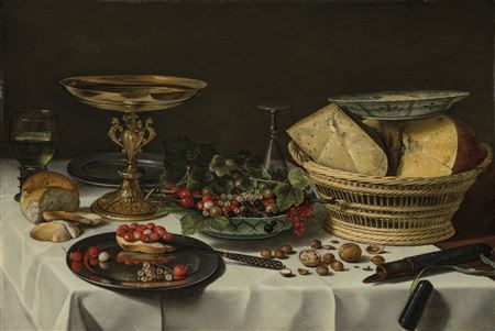 Pieter Claesz : Strawberries, currants and bread on a pewter platter, a roemer filled with wine, strawberries, cherries and currants in a porcelain bowl, a cheese basket, bread, nuts, a tazza, a silver knife and a knife-case, on a partly draped table