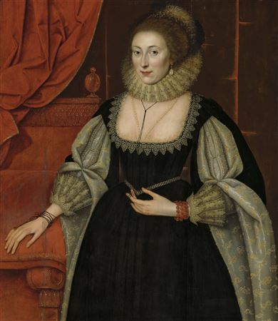 Marcus Gheeraerts the Younger : Portrait of a lady, three-quarter-length, in a black dress with slashed sleeves and a cartwheel ruff of pointed lace