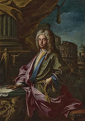 Sebastiano Conca : Portrait of George Parker, 2nd Earl of Macclesfield, PRS, three-quarter-length, standing in front of the Colosseum, right hand resting on a map of Italy, a statue of the Apollo Belvedere on a giltwood and marble table