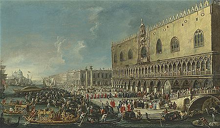 Antonio Stom : The Molo, Venice, looking west with the reception of the Papal Envoy at the Doge's Palace