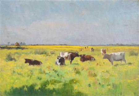 Maurice Dainville : Cows in a field at sunset