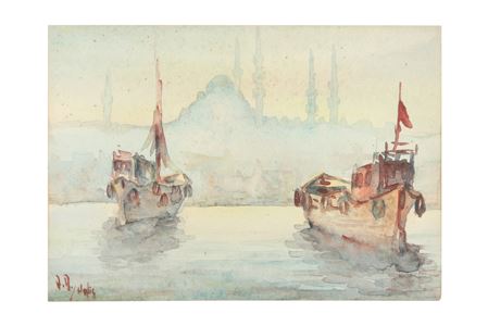 Ahmet Fazil Aksoy : Boats moored before the Hagia Sophia