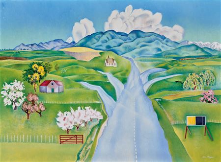 Rita Angus : HAWKE'S BAY LANDSCAPE, c.1955