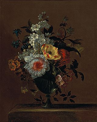 Charles Gilles Dutillieu : Flowers in a glass vase on a pedestal