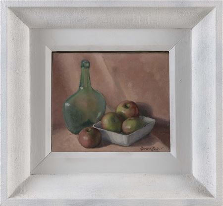 Edwin Reeves Euler : Still Life Of A Glass Bottle And A Square White Bowl Of Apples