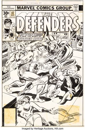 Ed Hannigan : Ed Hannigan and Joe Sinnott The Defenders #47 Cover Moon Knight and Hellcat Original Art (Marvel, 1977)