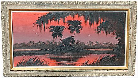 James Gibson : A sunset landscape painting with egrets.