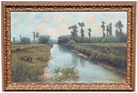 Harry Fluhart-Williams : Rare large early Florida wetlands painting depicting cypress trees near a river