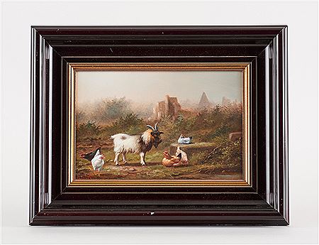 Hilaire Bals : Goat and chickens on a landscape background