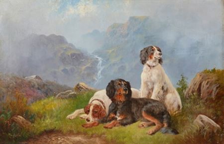 William Perring Hollyer : Gundogs on a Rocky Hillside