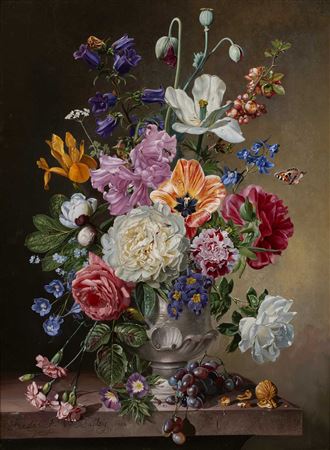 Frederick Victor Bailey : Still life - a vase of mixed flowers with grapes and nut alongsid