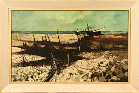 Colin Allen : A fishing boat scene with nets and figures