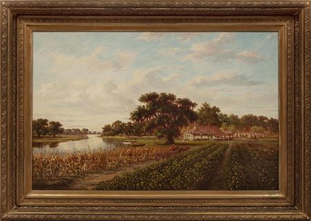 William Buck : 'Expansive View of a Sun-Dappled Louisiana Vista with Bayou Farmstead and French Creole Cottage surrounding a Moss-Draped Oak'