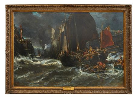 Eugene Gabriel Louis Isabey : 'Matelots Saulant le Christ en Sortant du Port de St. Valery-en-Caux', 1867