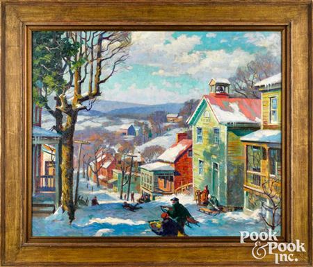 Garnet Jex : Winter landscape, with sledders in a town setting