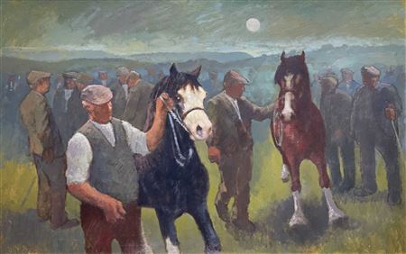 Aneurin M Jones : Brown and black Welsh cobs with handlers and crowd of figures