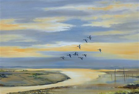 Shirley Carnt : Wigeon over the Mud Flats Brancaster Staithe