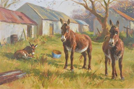 Donal McNaughton : Donkeys in a farmyard scene