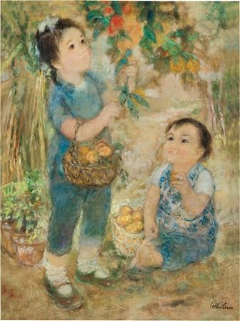 Le Thi Luu : Two children in garden