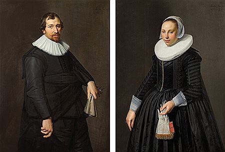 Nicolaes Elias : Portrait of a man in black holding a pair of kid leather gloves; Portrait of a lady in black holding a pair of kid leather and coral silk gloves