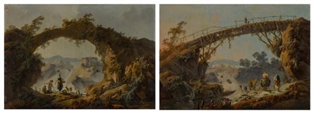 Jean-Baptiste Pillement : A landscape with shepherds beneath an imaginary stone arch; A landscape with travelers beneath an old wooden bridge (2)