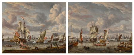 Abraham (Sturckenburch) Storck : Pair - Rotterdam, a view of shipping on the Nieuwe Maas river, taken from the south-east; Amsterdam, a view of shipping on the IJ, taken from the north-east