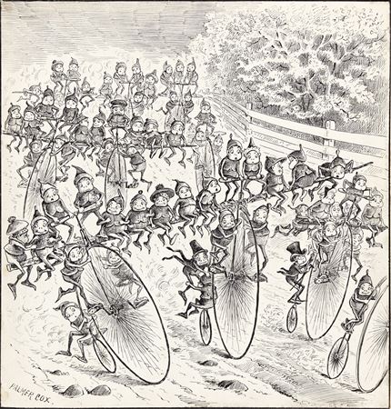 Palmer Cox : 'Then back they wheeled with every spoke, An hour before the thrush awoke . . .'