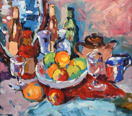 John Holt : Still Life with Mirror, Fruit and Bottles