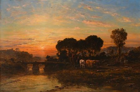 Thomas Danby : River landscape at sunset with figures and animals on a path