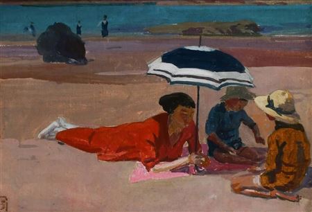 Walter John Bayes : Woman and children on the beach