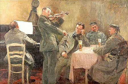 Heinrich Wettig : Soldiers drinking and playing music in uniforms from the First World War (Flanders, 1916)