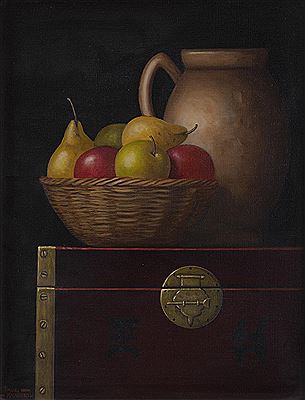 Paul Kavanagh : JUG AND FRUIT ON LACQUER CABINET