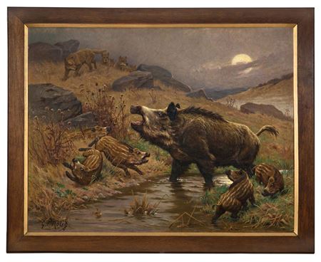 Georges Roetig : Laie and her pigs about to be attacked by wolves; moonrise