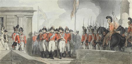 John Augustus Atkinson : The Prince Regent accompanied by the Dukes of Wellington and York at the opening of Waterloo Bridge on 18th June 1817, on the anniversary of the battle