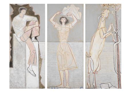 John Leith Craxton : Summer Triptych (Boy on Wall, Girl on the Seashore, Goat and Tree)