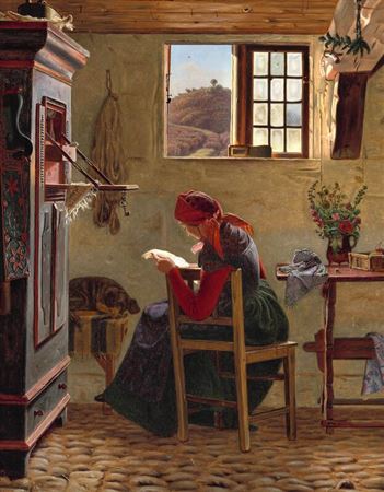 Christen Dalsgaard : Peasant interior with a young girl reading a letter by the window