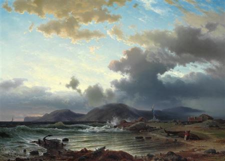 Axel Wilhelm Nordgreen : Swedish coastal landscape with an old sailor standing on the beach looking out over the sea.