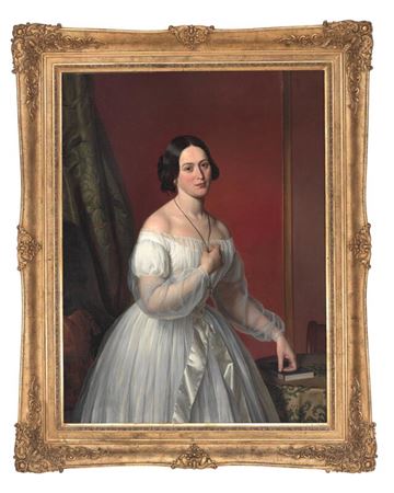 Emilius Baerentzen : Portrait of Natalie Clotilde Septima Ryge (1819–1895) in a white dress with wide long ribbon around the waist, standing in the red drawing room by a table. One hand rests on a book, the other holds a necklace.