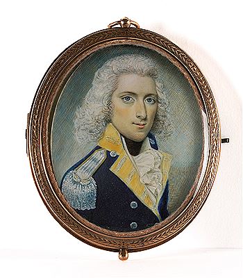 Diana Hill : Portrait miniature of a military officer in blue and yellow uniform