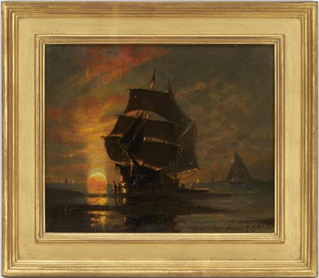 Frederic R Bates : Boston Harbor at Sunset