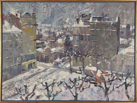 Jean Dulac : Place Aristide Briand under the snow as seen from the studio