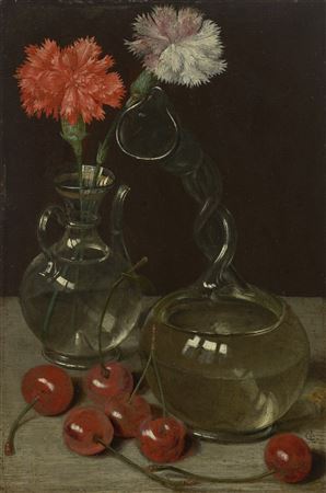 Georg Flegel : A glass vase with flowers and a kuttrolf surrounded by cherries, on a ledge