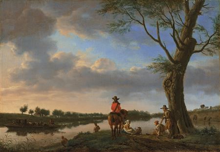 Adriaen Van de Velde : A river landscape at dusk, with a horseman and other figures waiting for a ferry on a riverbank