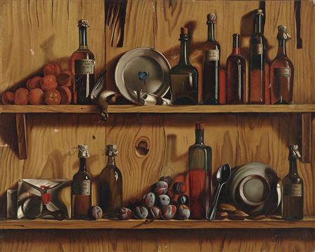 Jean Valette-Falgores : A tromp l'oeil of bottles, game, plates, plums and nuts on shelves